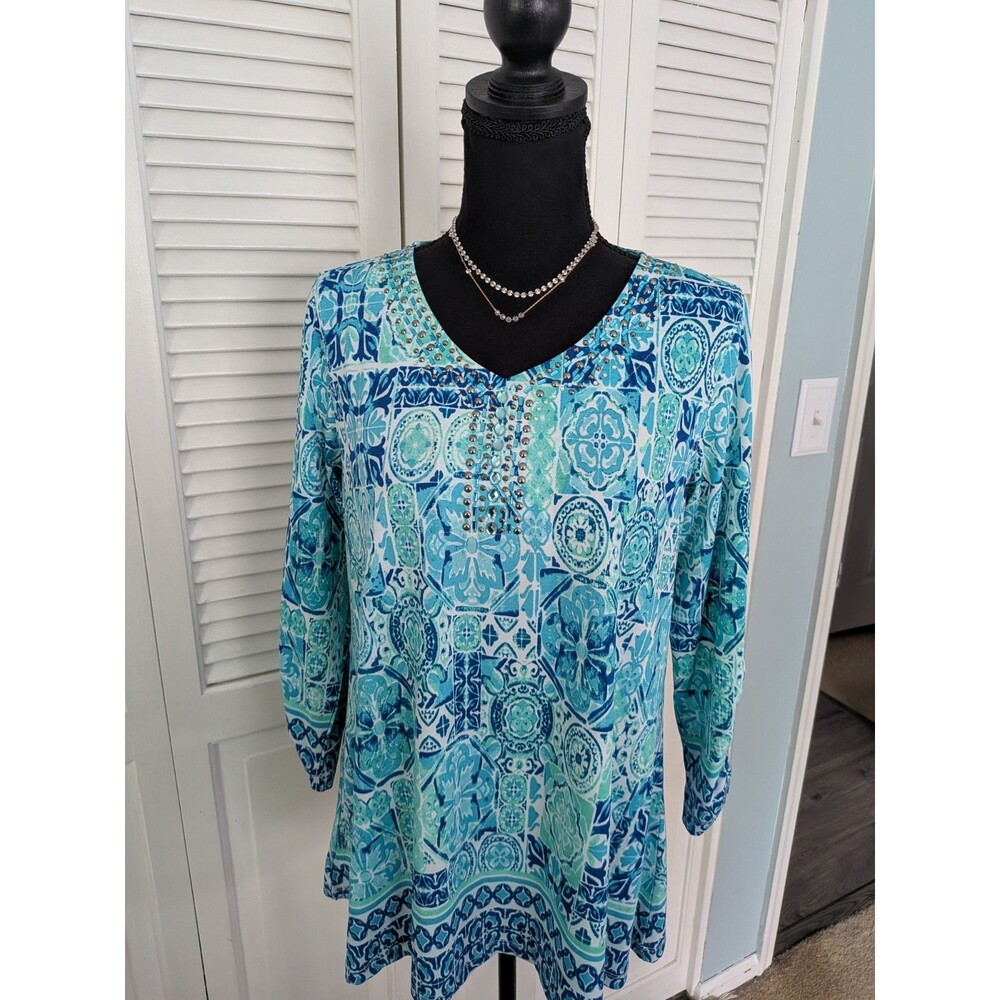 Multiples Tunic Top Womens S Blue Tile Medallion Embellished Coastal Resort NEW
